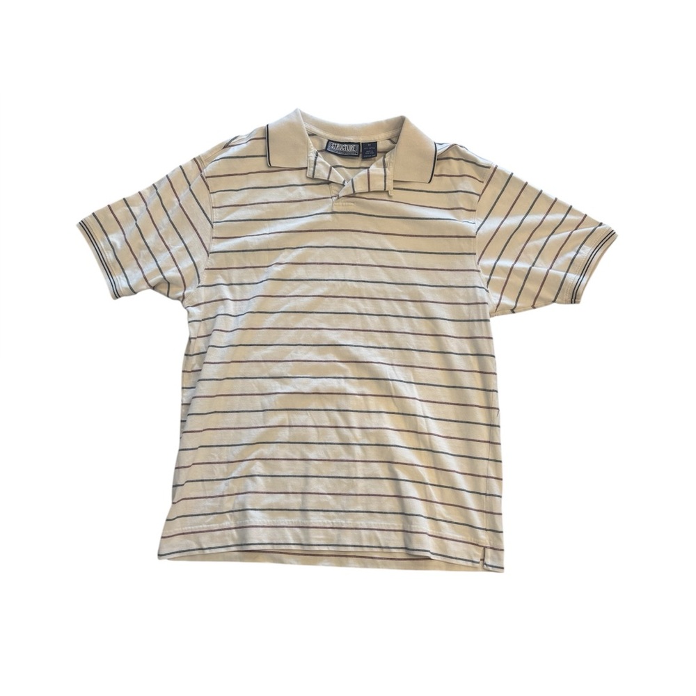 Vtg Structure Beige Cream Striped Polo Short Sleeve 100% Cotton Collared Size M